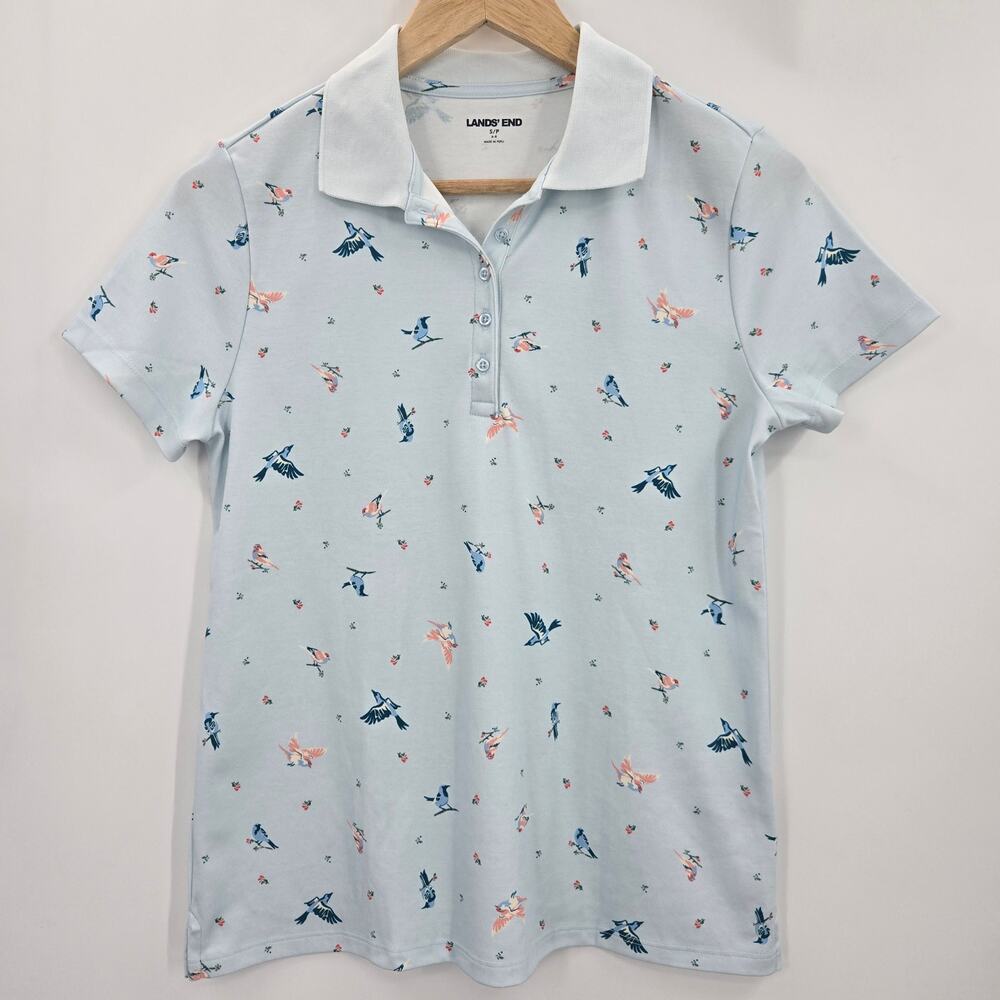 Lands End Womens Preppy Golf Tennis Bird Print Supima Cotton Short/S Polo Top S